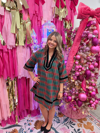 Wrapped in Plaid Velvet Trim Dress