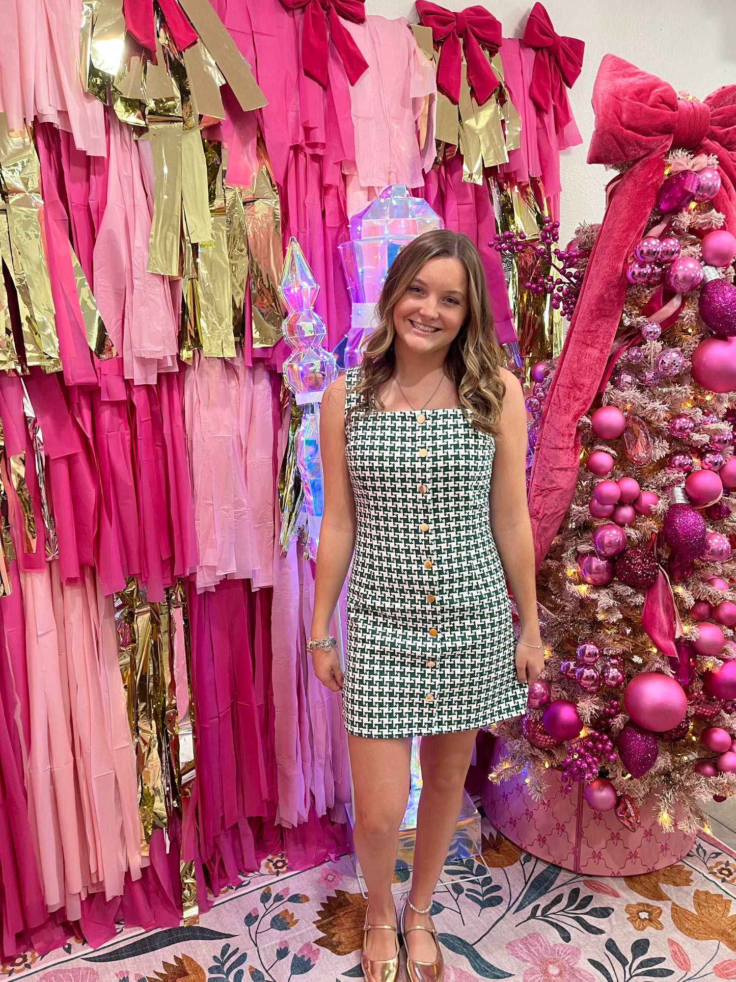 Green Houndstooth Button Dress