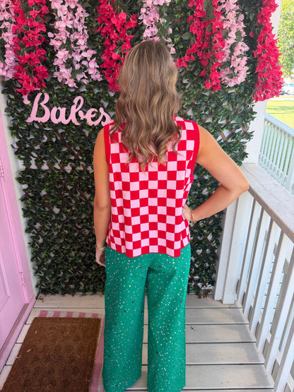 Queen Of Sparkles Red & Pink Checkered Reindeer Knit Vest