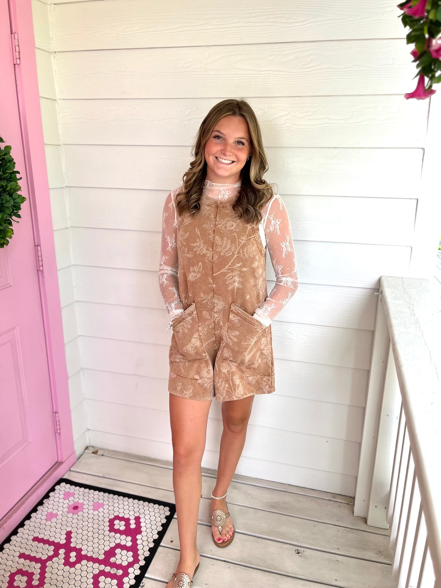 Washed Brown Floral Romper