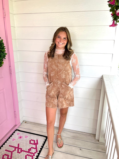 Washed Brown Floral Romper