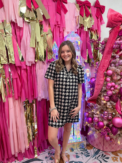 Black Houndstooth Velvet Dress