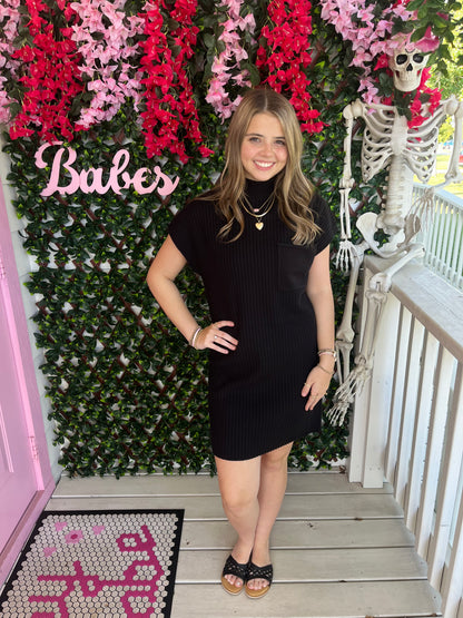 Mock Neck Sweater Dress - Black