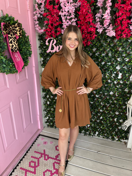 Cognac Scallop Trim Dress