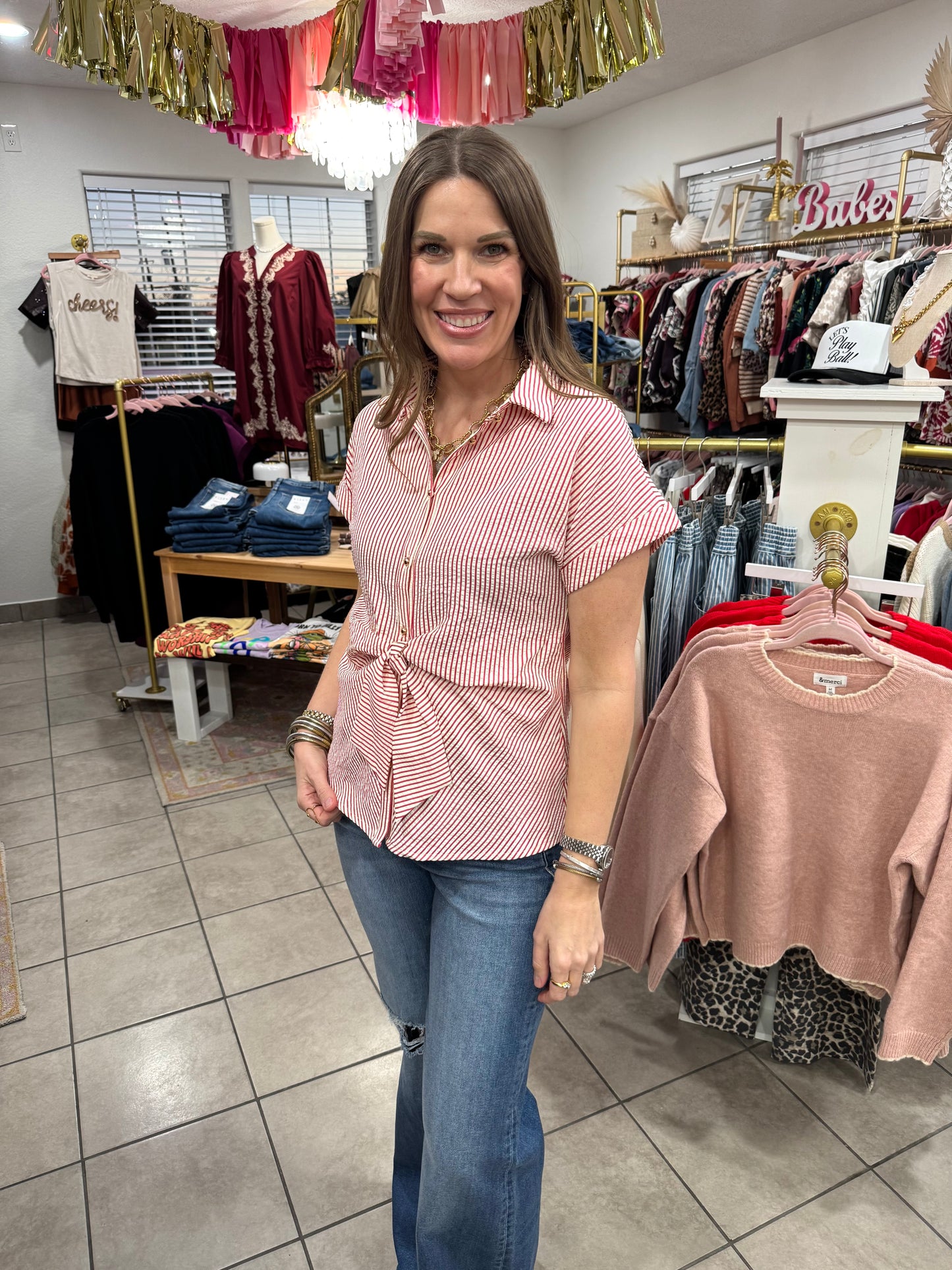 Red Striped Tie Front Top