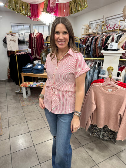 Red Striped Tie Front Top