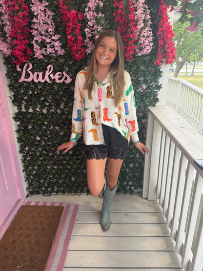 Playful Boots Button Up Top