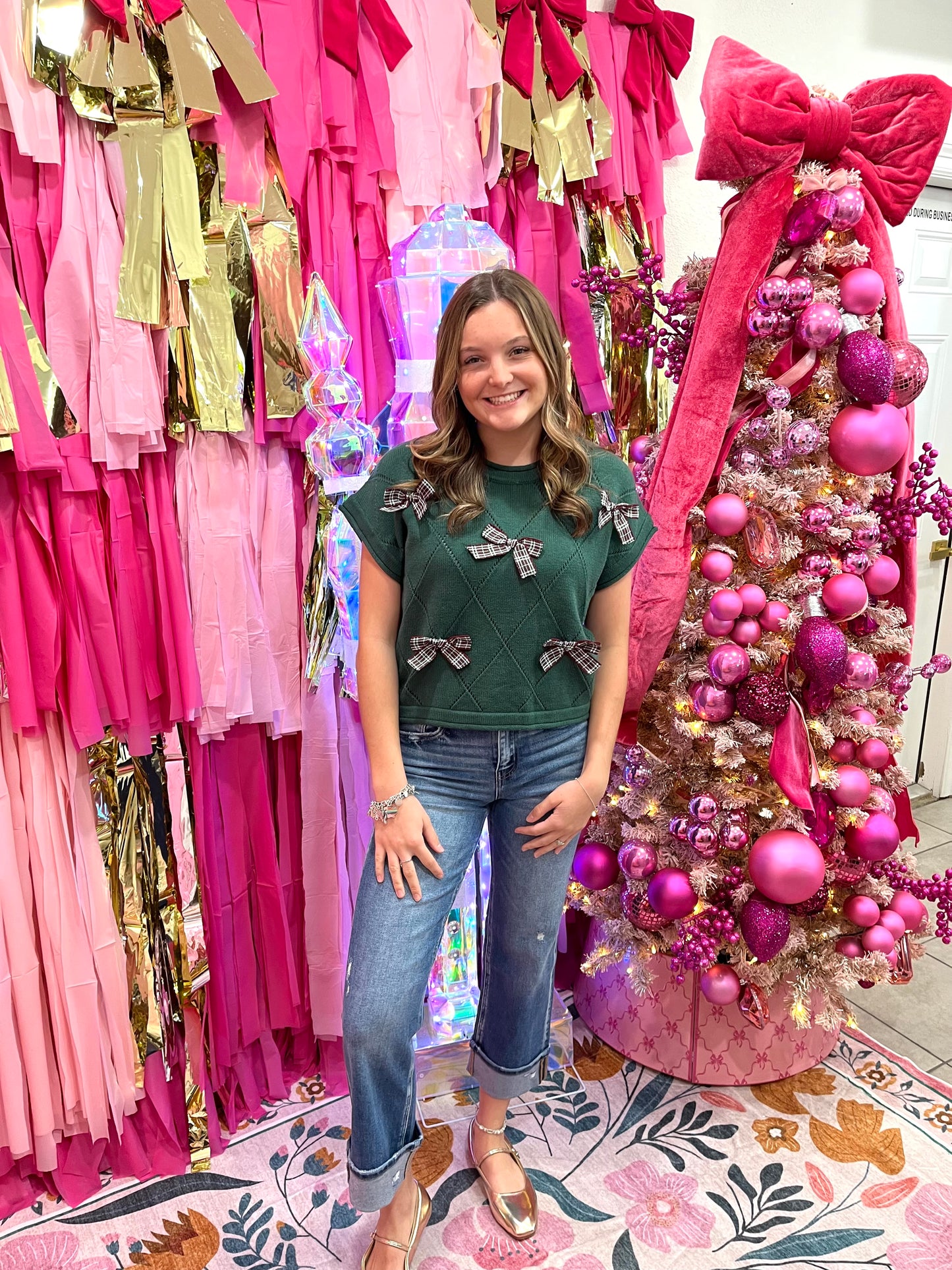 Green Plaid Bow Sweater Top