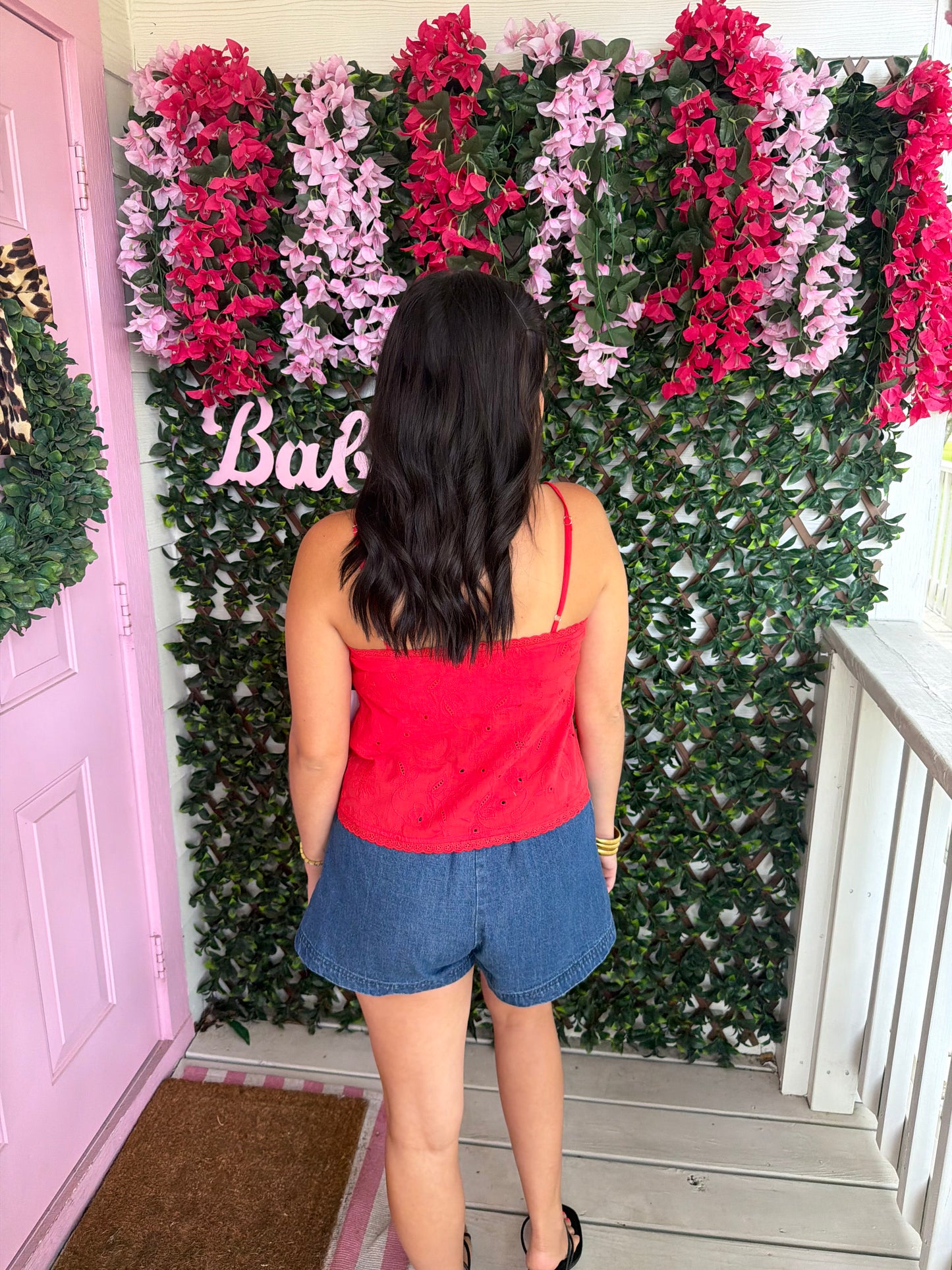 Hey There Red Eyelet Top