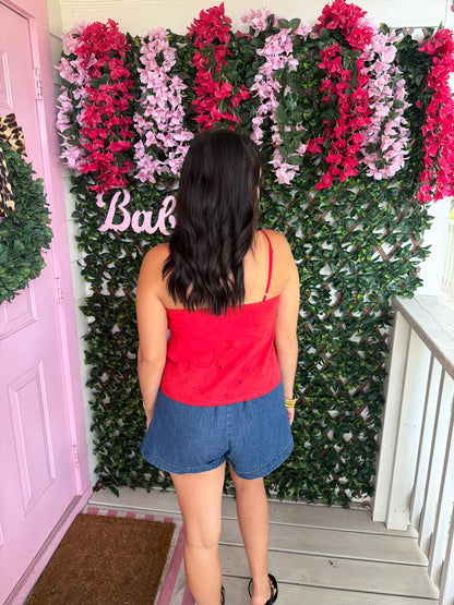 Hey There Red Eyelet Top