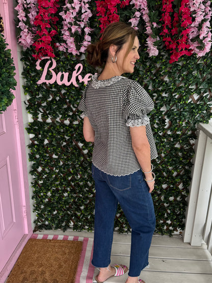 Gingham Lace Ruffle Blouse