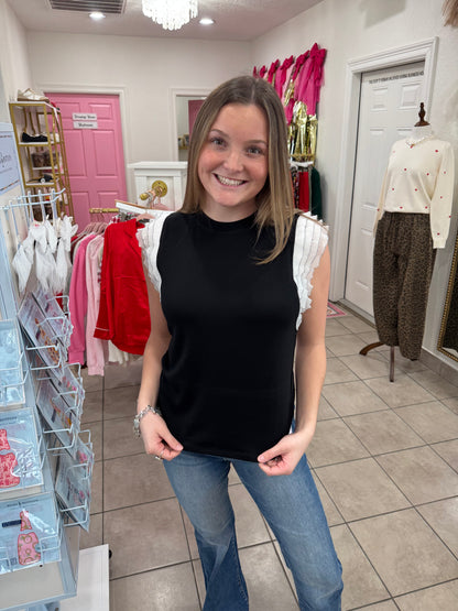 Black Pleated Ruffle Sleeve Top