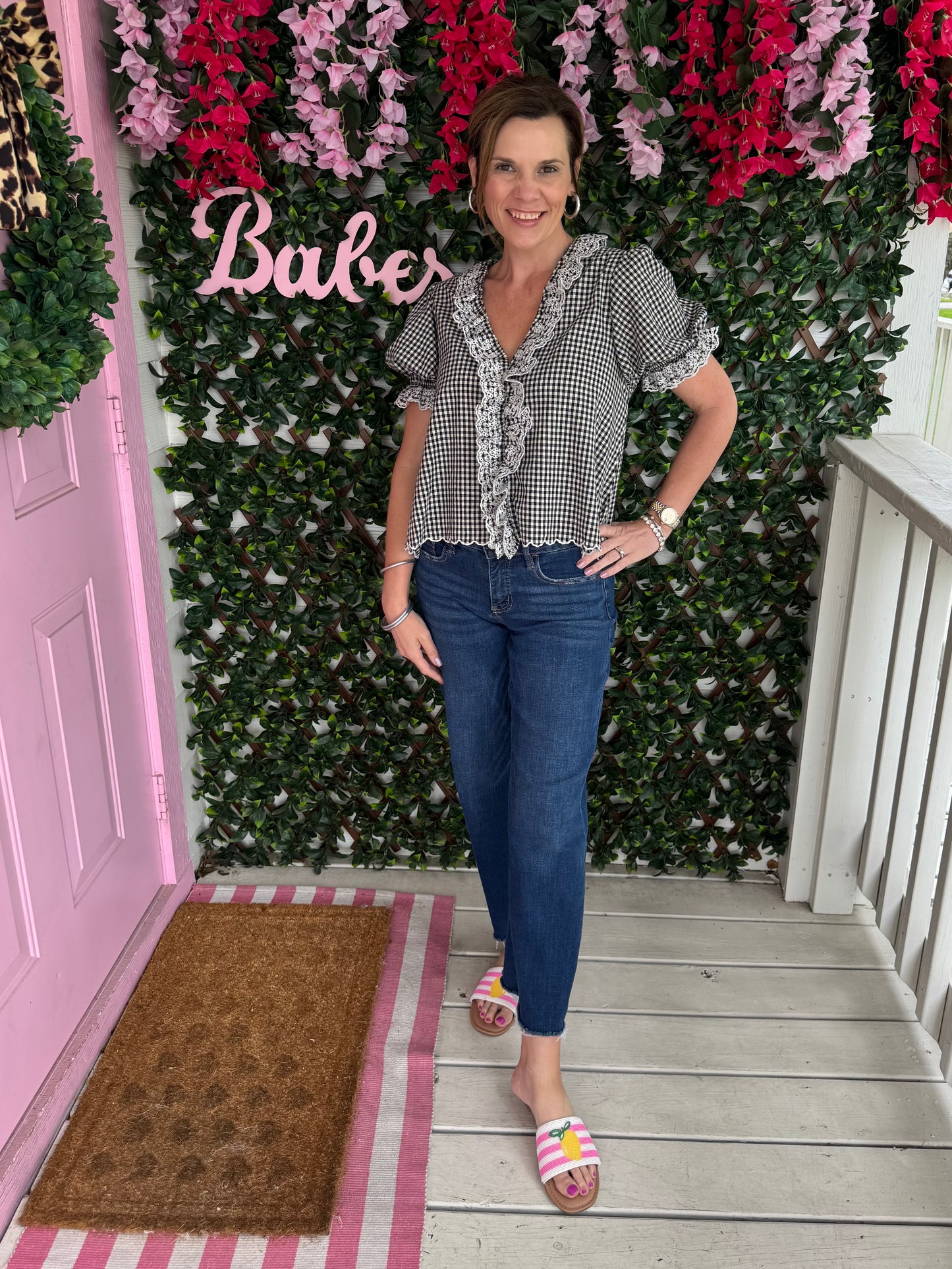 Gingham Lace Ruffle Blouse