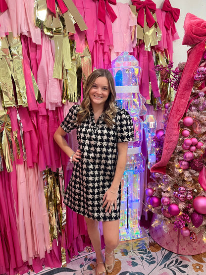 Black Houndstooth Velvet Dress