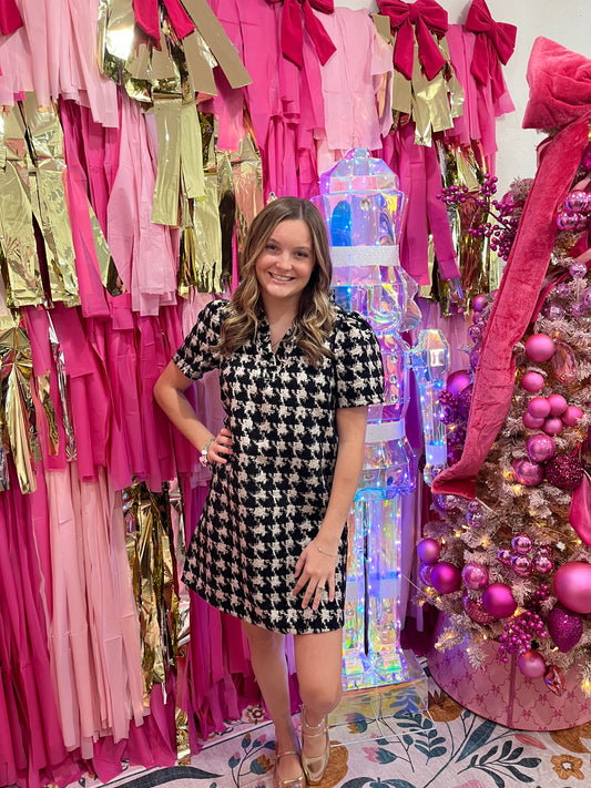 Black Houndstooth Velvet Dress