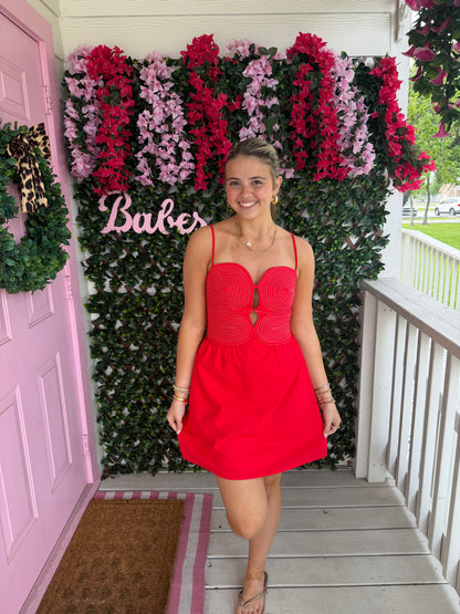 Top Stitch Red Mini Dress