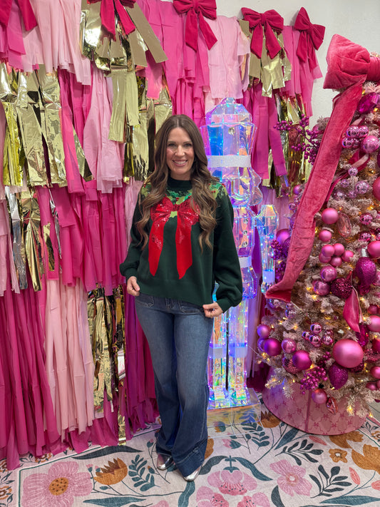 Queen Of Sparkles Dark Green & Red Wreath Sweater