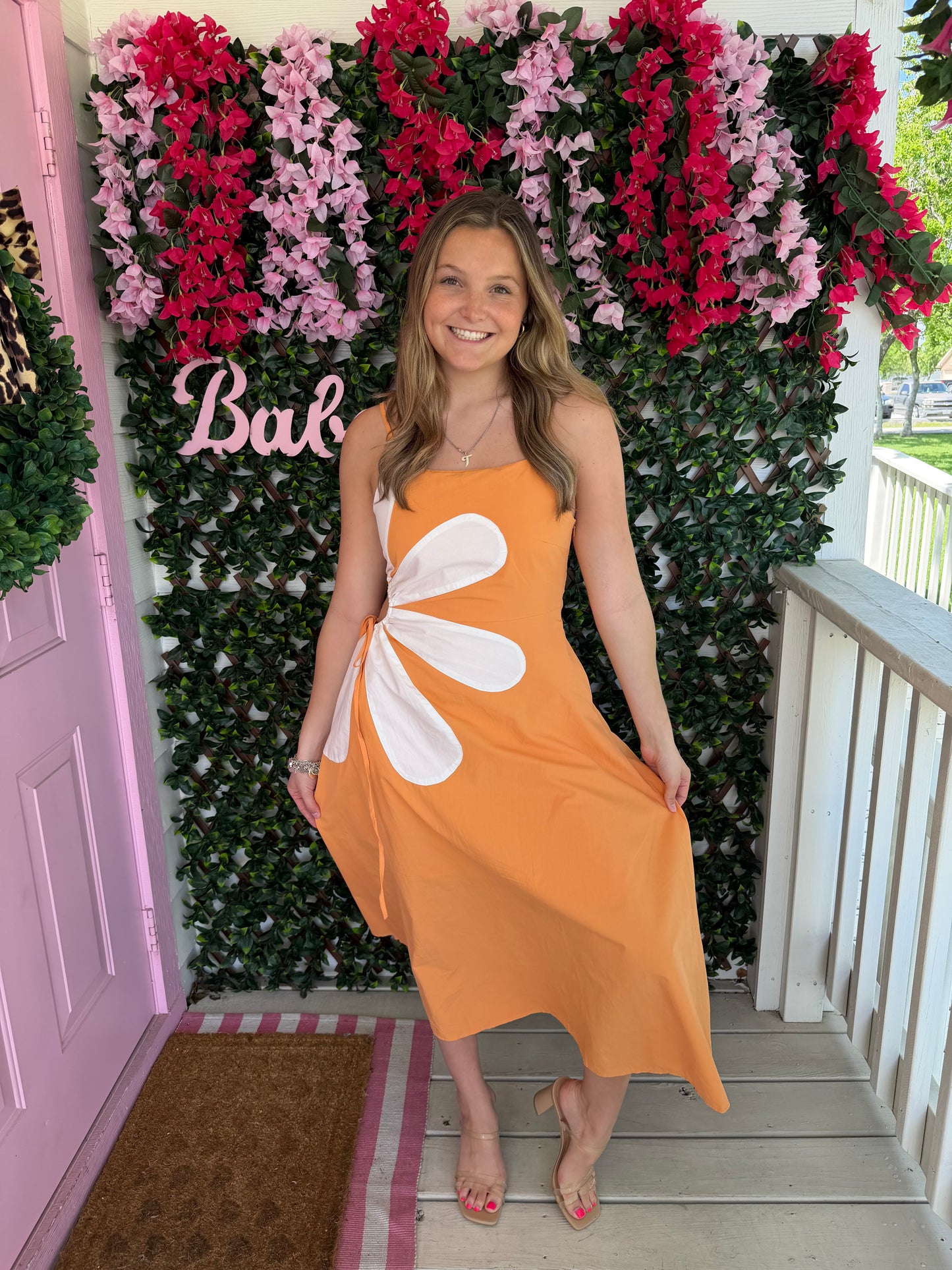 Tangerine Floral Cut Out Dress