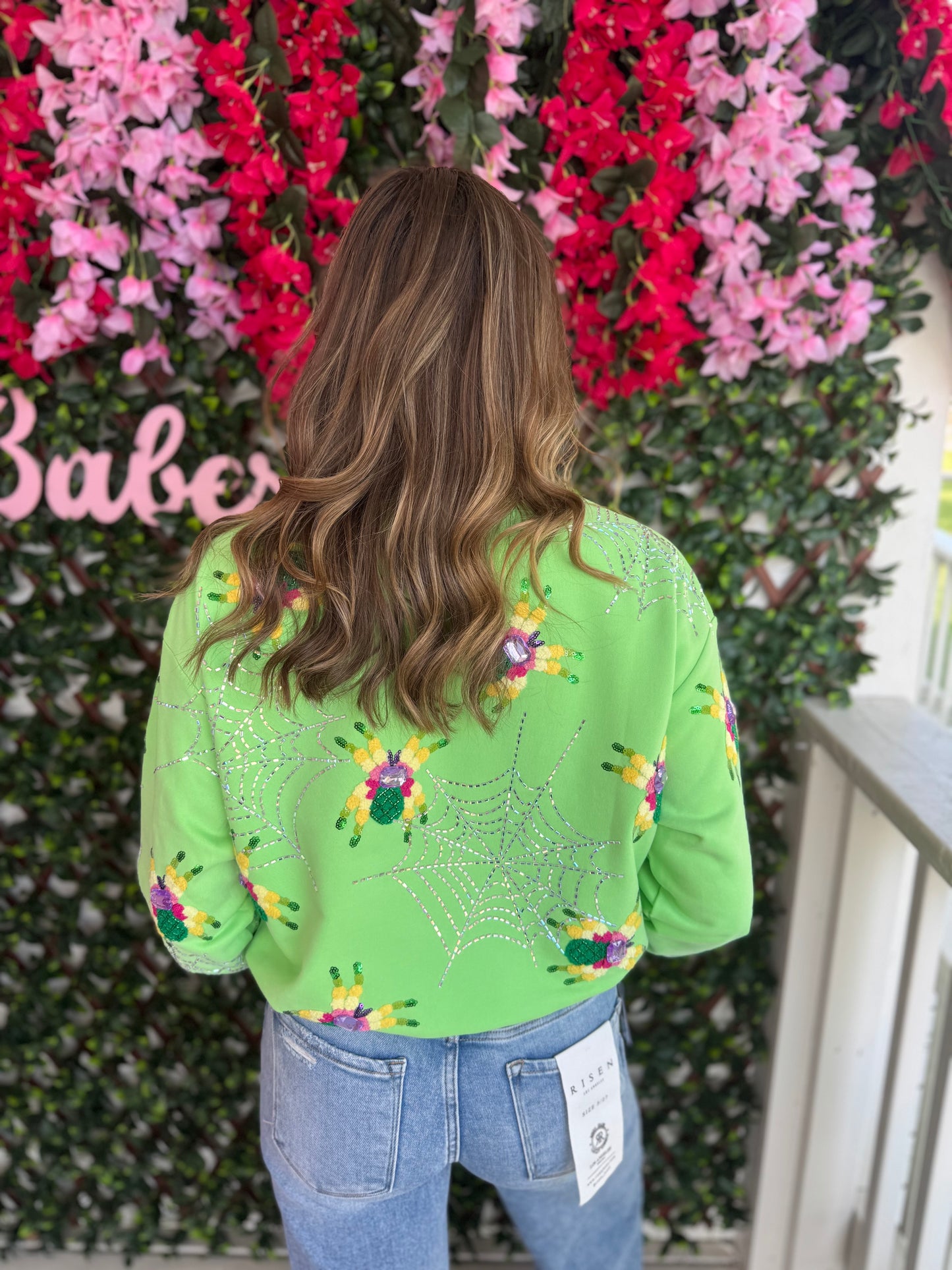 Queen of Sparkles Neon Green Fuzzy Spider & Web Sweatshirt