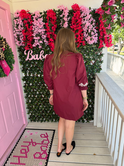 Embroidered Wine Dress