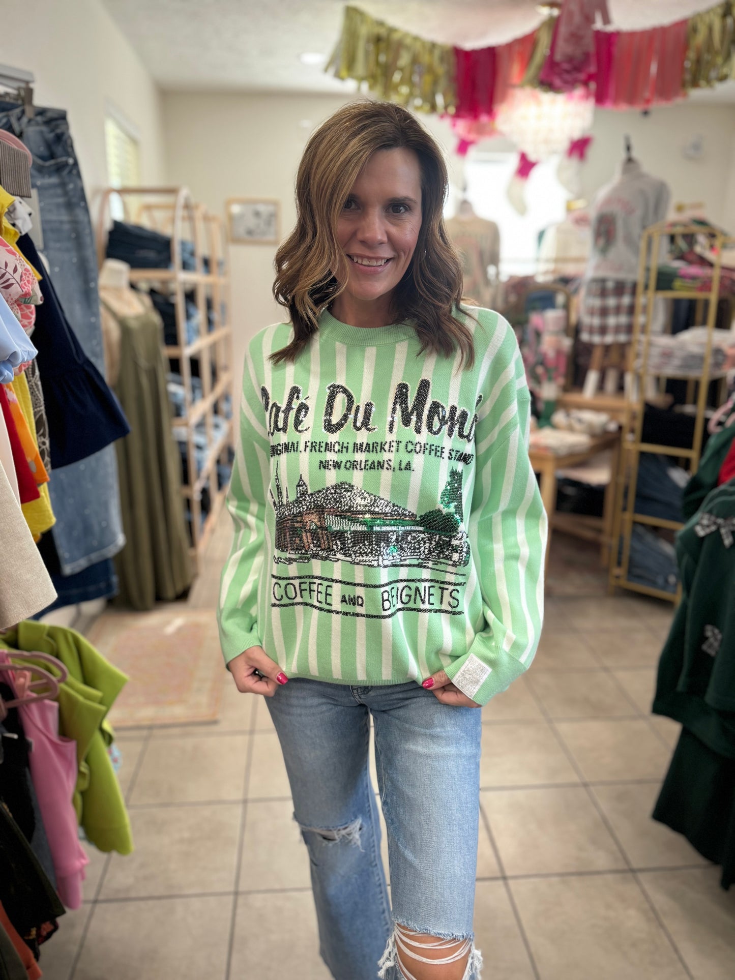Queen Of Sparkles Mint & White Stripes Cafe Du Monde Sweater