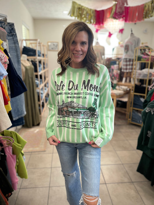 Queen Of Sparkles Mint & White Stripes Cafe Du Monde Sweater