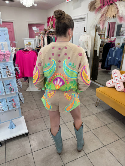 Queen Of Sparkles Beige & Neon Paisley Print Shorts