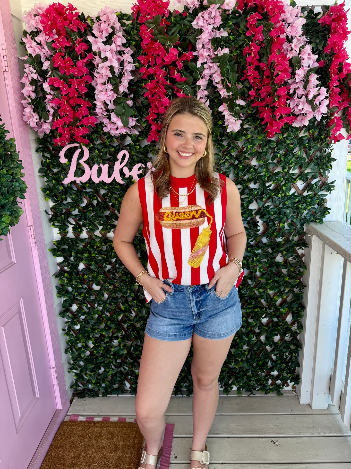 Queen Of Sparkles Red & White Striped Hot Dog Knit Tank