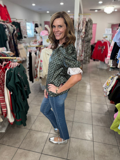 Olive Satin Lattice Top