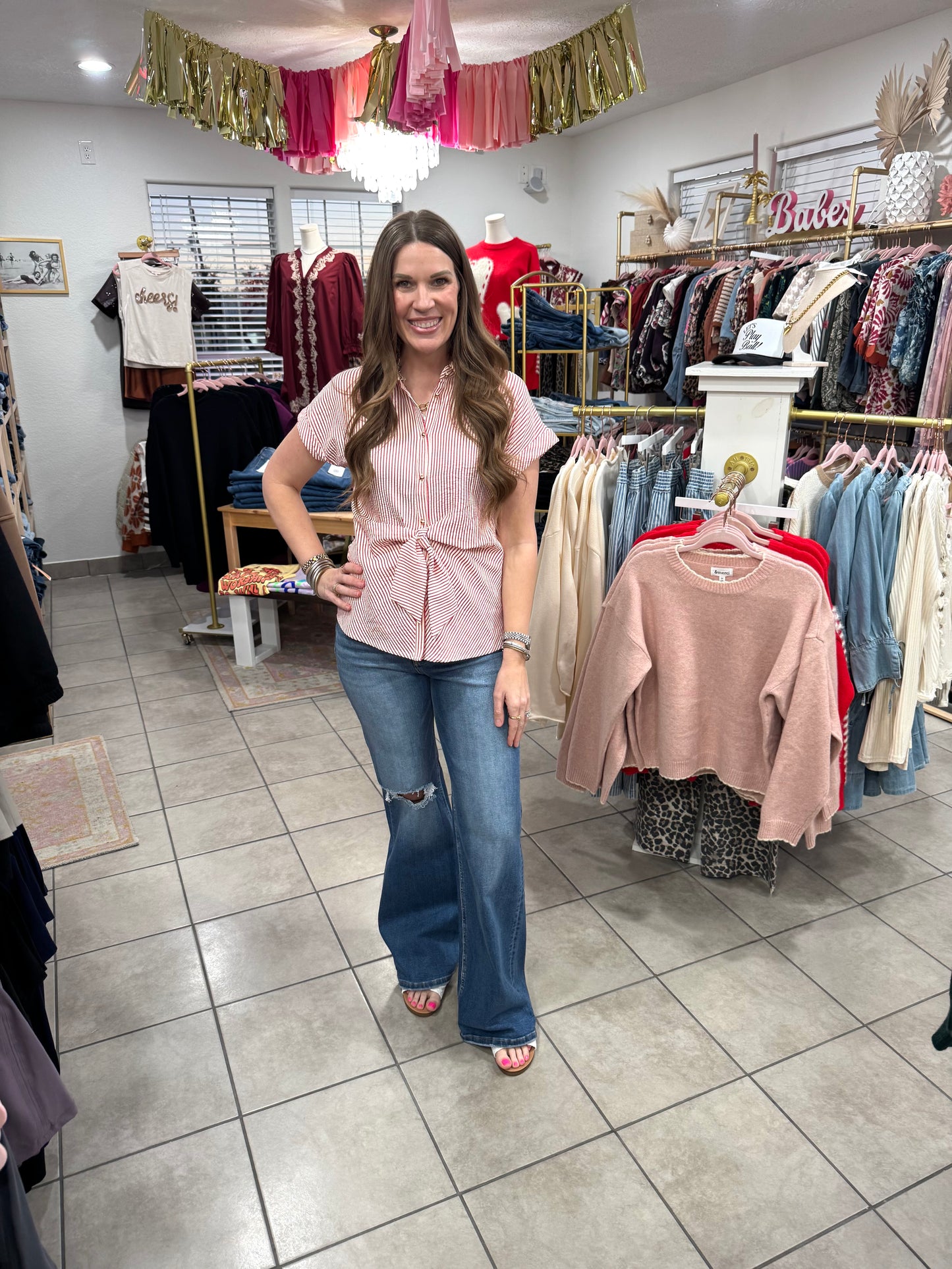 Red Striped Tie Front Top