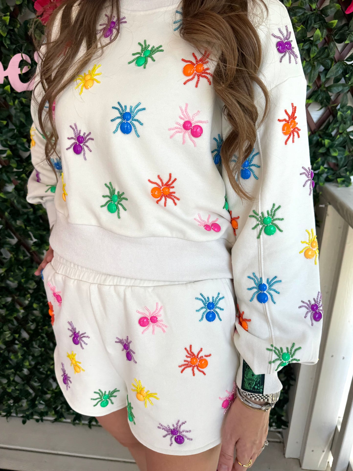 Queen of Sparkles Ivory Multi Beaded Spider Sweatshirt