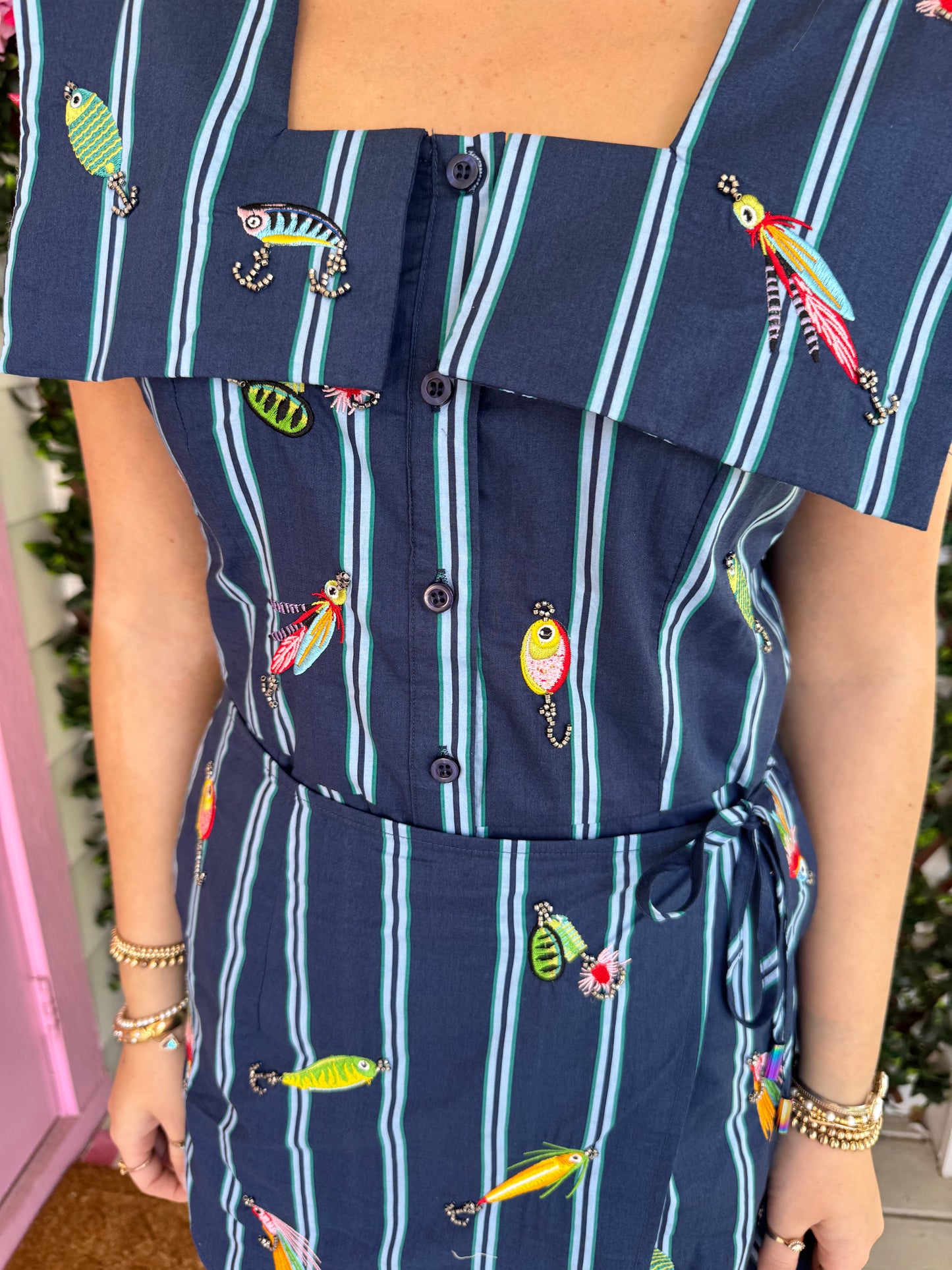 Queen Of Sparkles Navy Striped Fishing Lure Romper