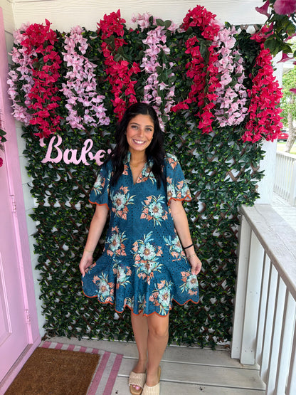 Teal Eyelet Floral Dress