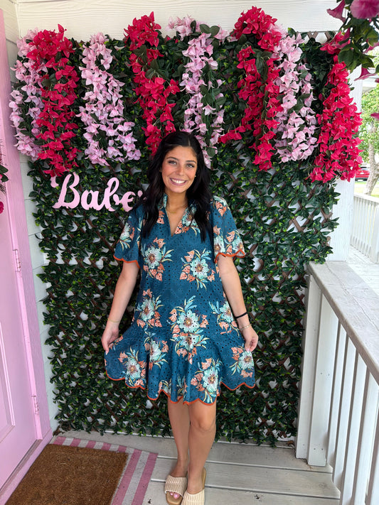 Teal Eyelet Floral Dress
