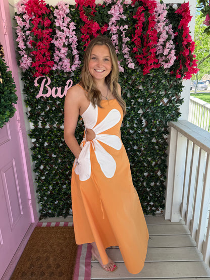 Tangerine Floral Cut Out Dress
