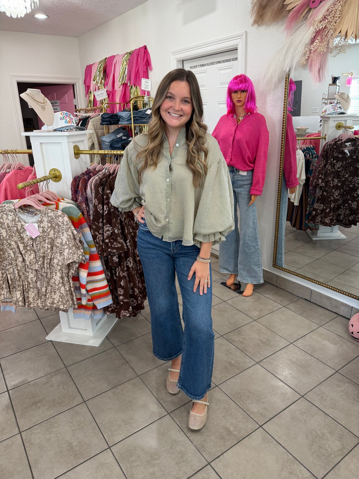 Sage Pinstripe Bubble Sleeve Top