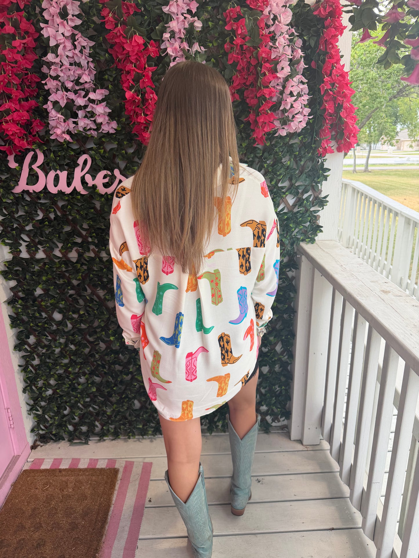 Playful Boots Button Up Top