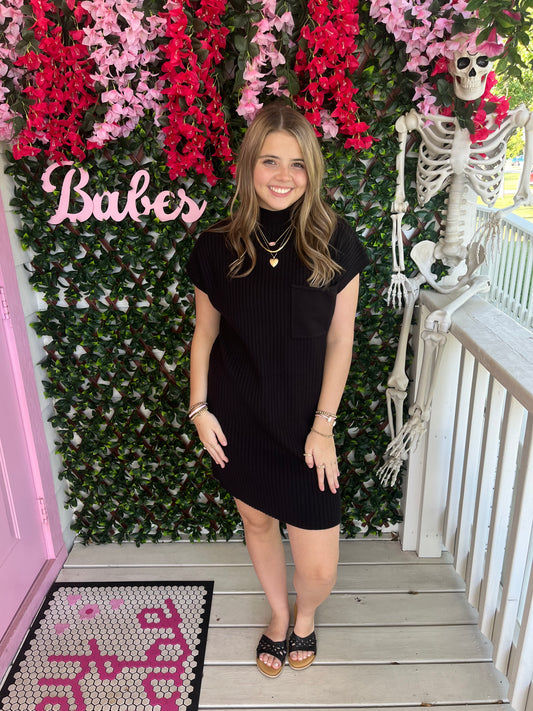 Mock Neck Sweater Dress - Black