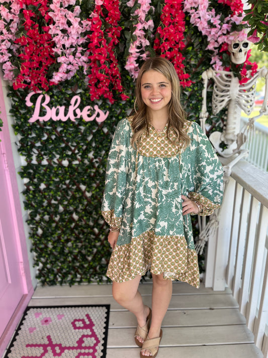 Green Mix Boho Mini Dress