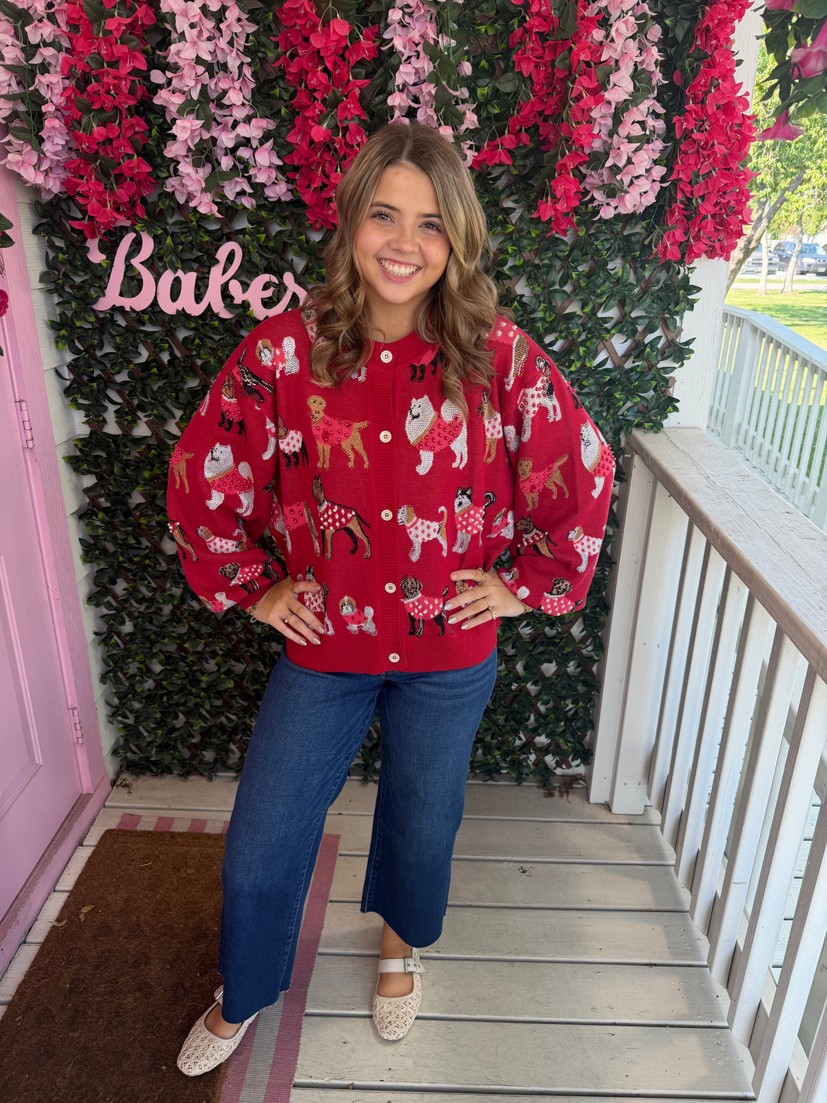 Queen Of Sparkles Red Dogs In Polka Dot Sweaters Button Up Cardigan
