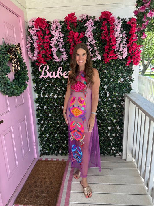 Queen Of Sparkles Purple Sheer Multi Crab Coverup Dress