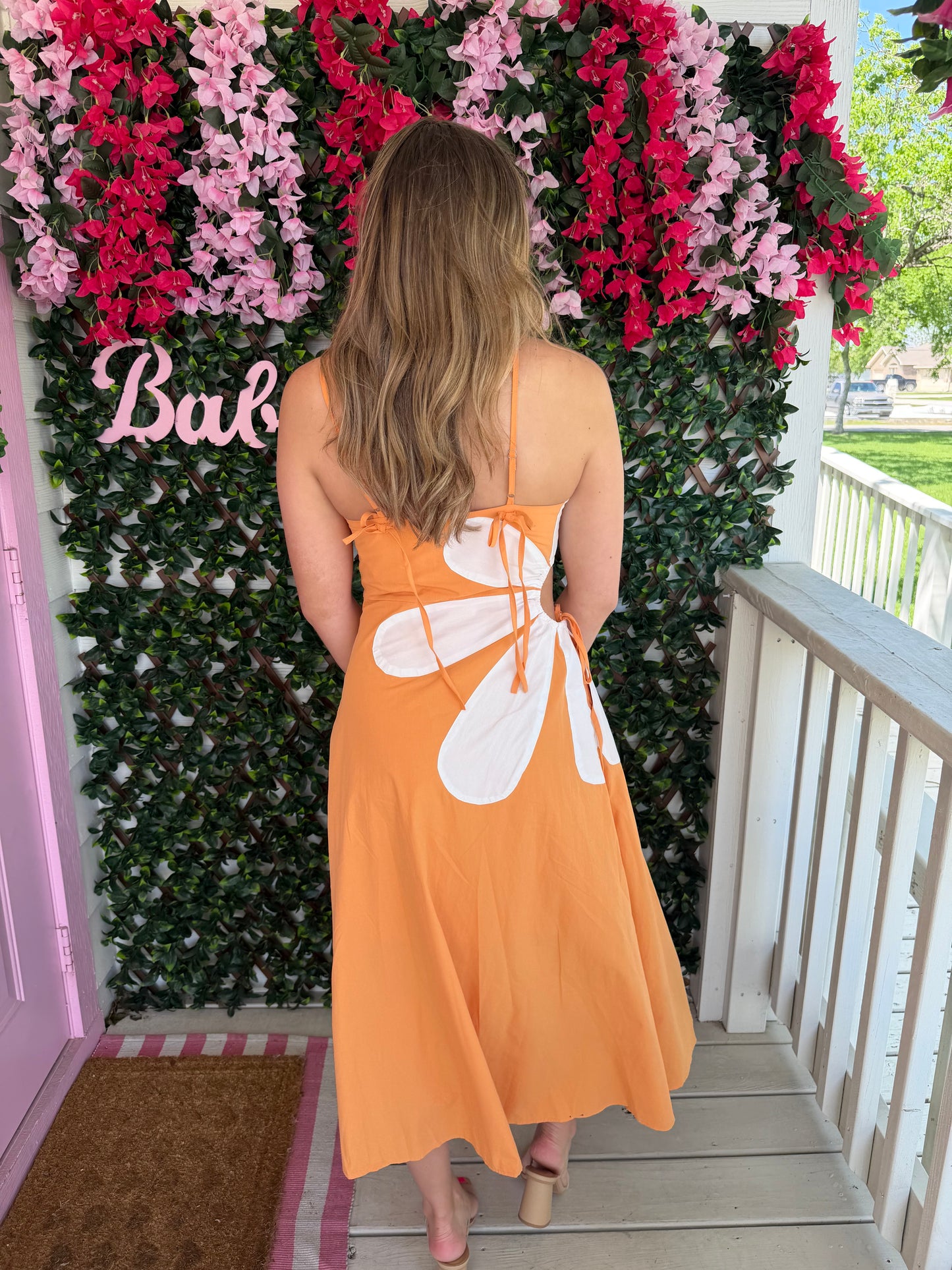 Tangerine Floral Cut Out Dress