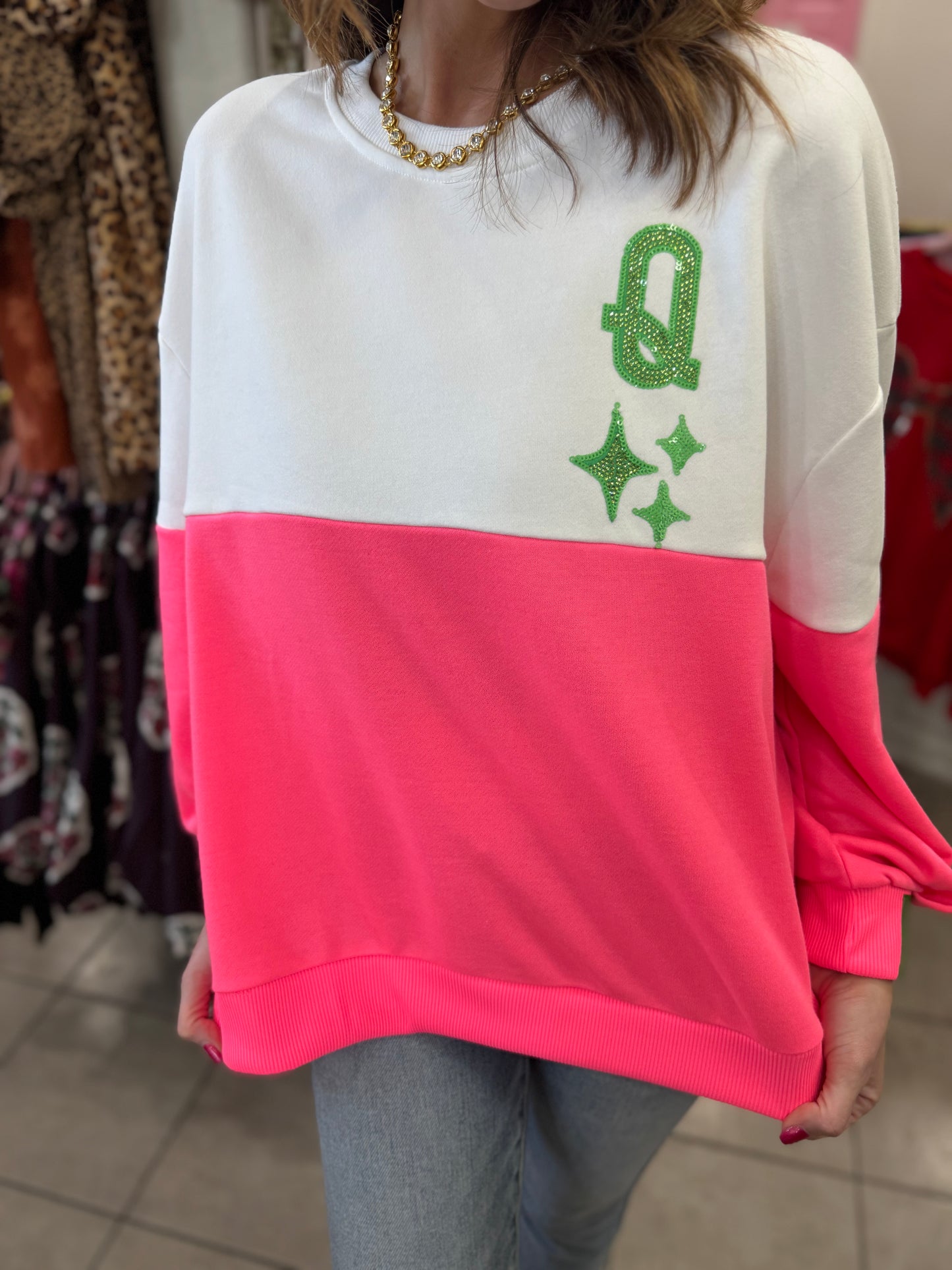 Queen Of Sparkles White & Neon Pink Colorblock Logo Sweatshirt
