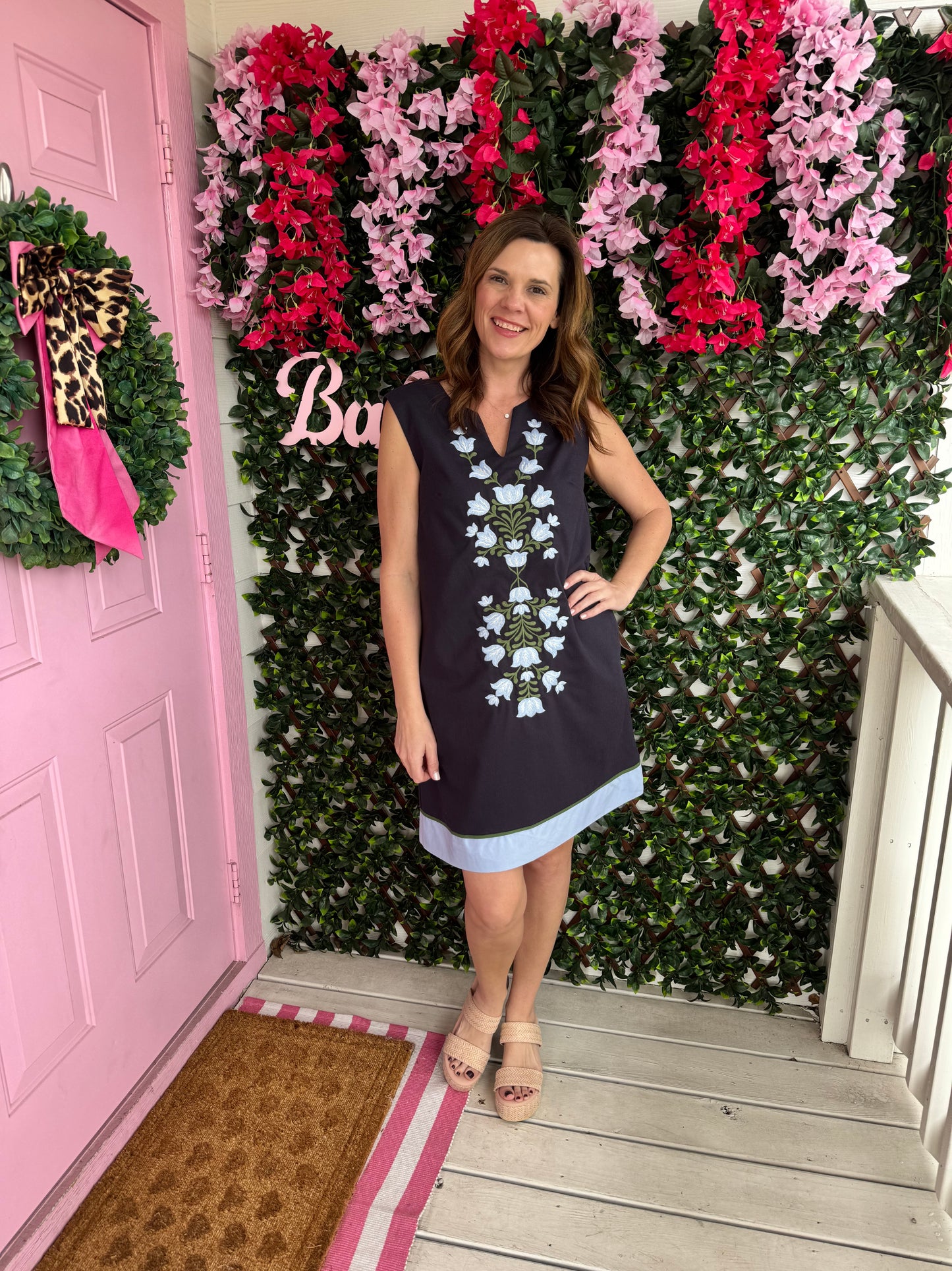 Navy Sleeveless Embroidered Florals Dress
