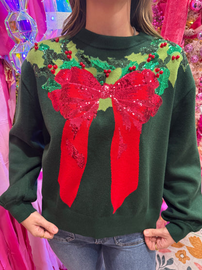 Queen Of Sparkles Dark Green & Red Wreath Sweater