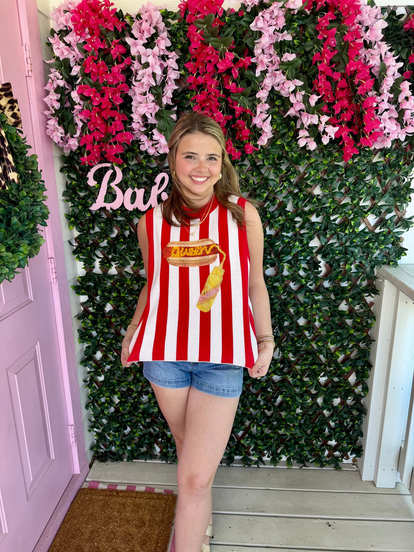 Queen Of Sparkles Red & White Striped Hot Dog Knit Tank