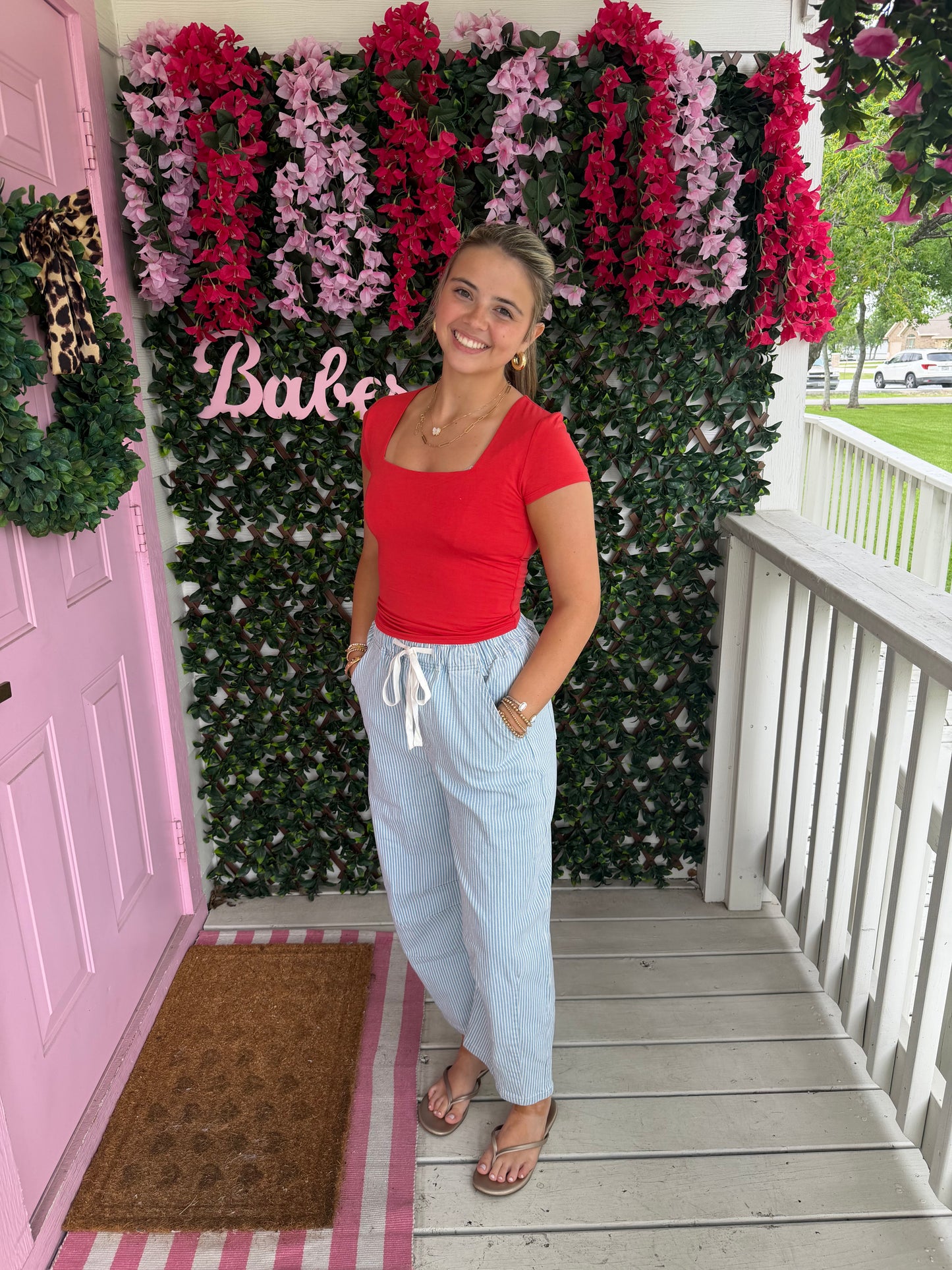 Light Denim Striped Barrel Pants