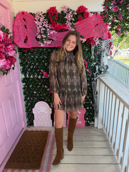 High Neck Olive Patterned Dress