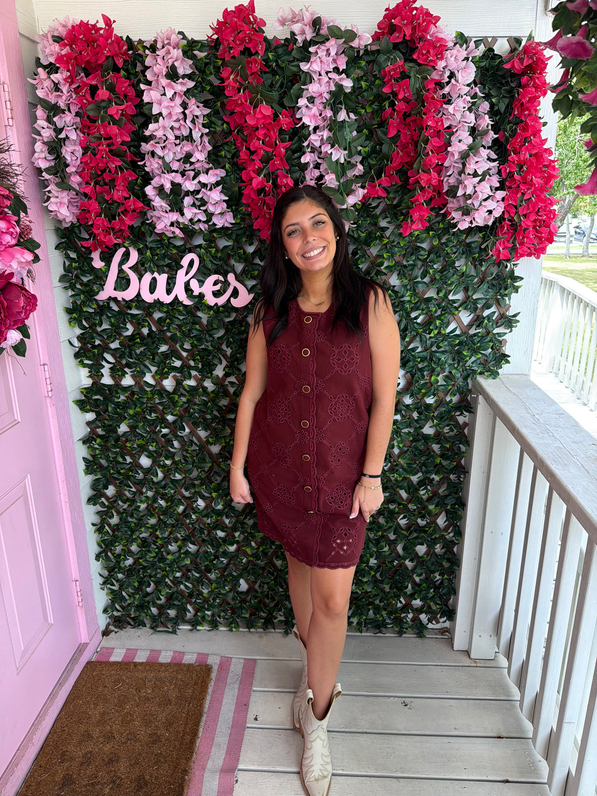 Burgundy Eyelet Denim Dress