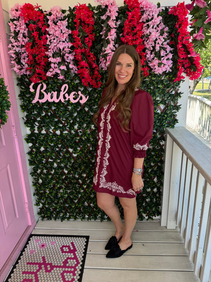 Embroidered Wine Dress